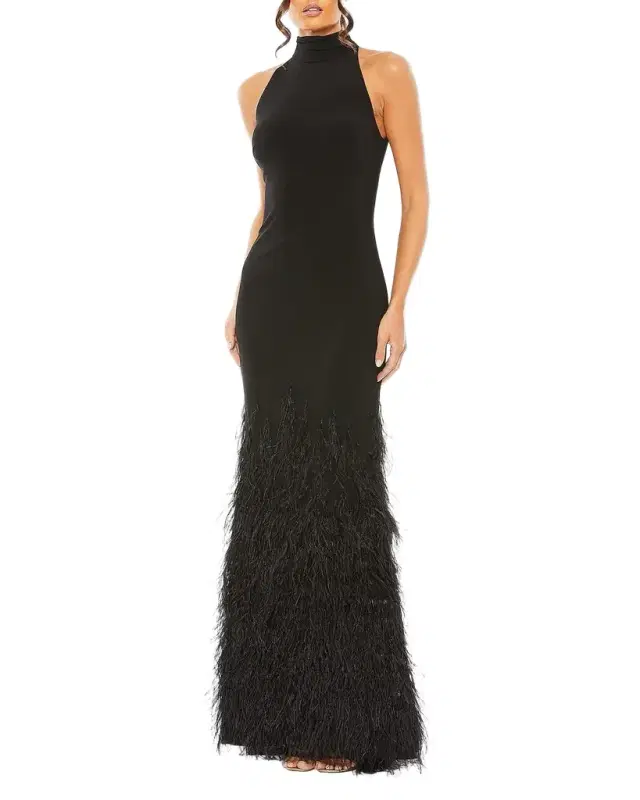 Mac Duggal Feathered Jersey Halter Gown