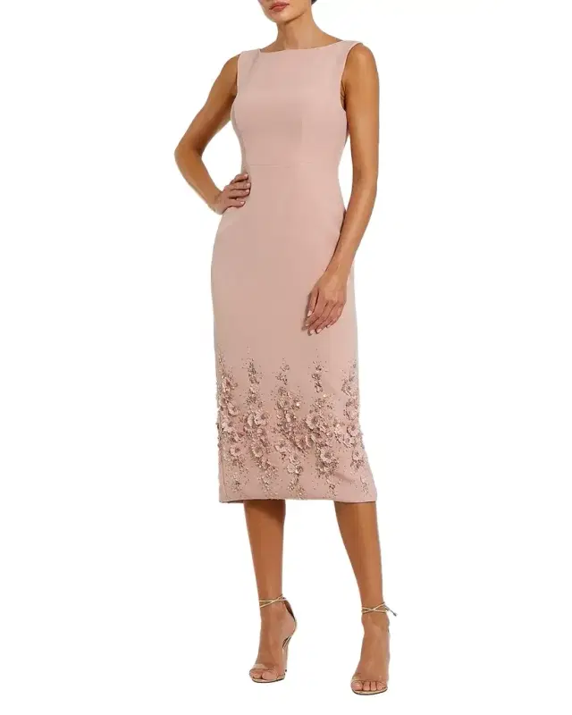 Mac Duggal Floral Beaded Crepe Sleeveless Midi Dress