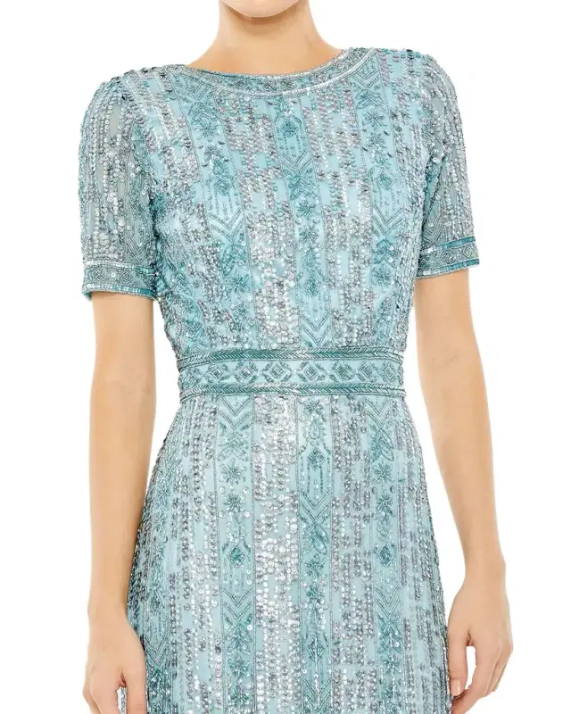 Mac Duggal Geometric Beaded Cocktail Midi Dress