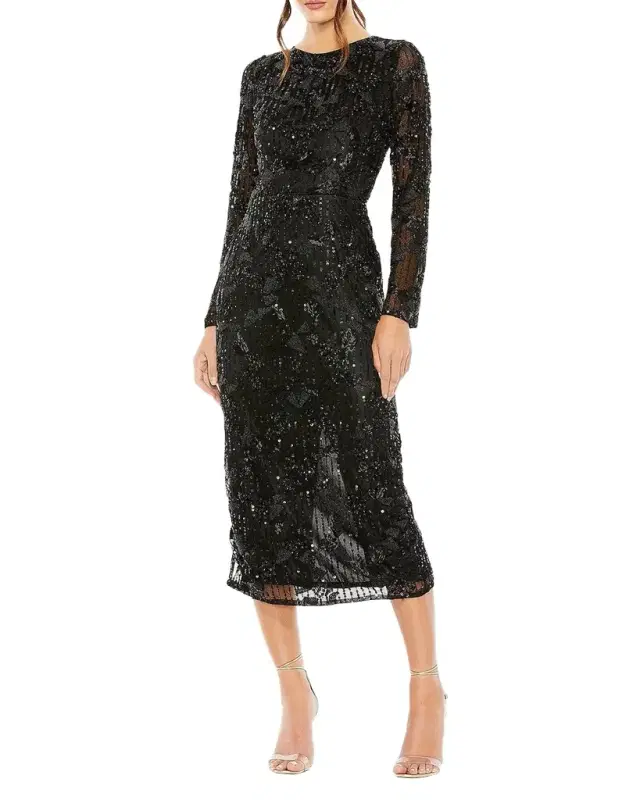 Mac Duggal High-Neck Beaded Long-Sleeve Midi Dress