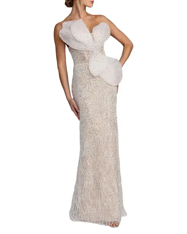 Mac Duggal Sequined Organza Strapless Bow Detail Column Gown
