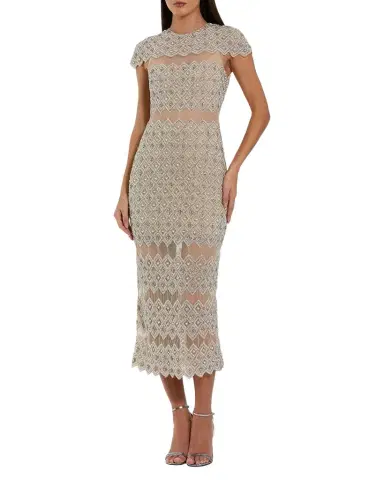 Mac Duggal Sheer-Inset Beaded Mesh Bodycon Midi Dress | Thumbnail 1 Mac Duggal Sheer-Inset Beaded Mesh Bodycon Midi Dress | Thumbnail 1