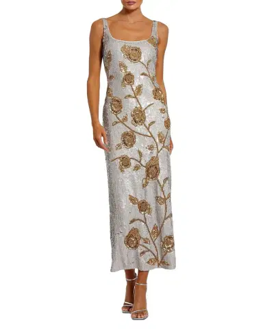 Mac Duggal Sequined Floral Mesh Cocktail Midi Dress | Thumbnail 1