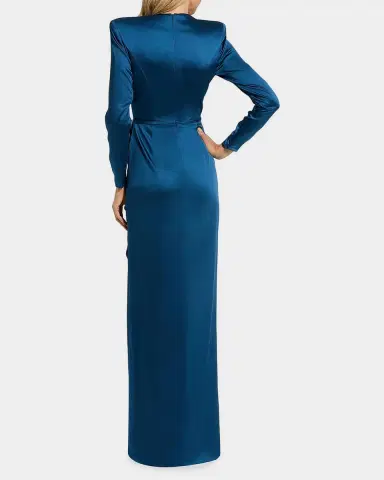 Mac Duggal Draped Side-Slit Satin Column Gown | Thumbnail 3