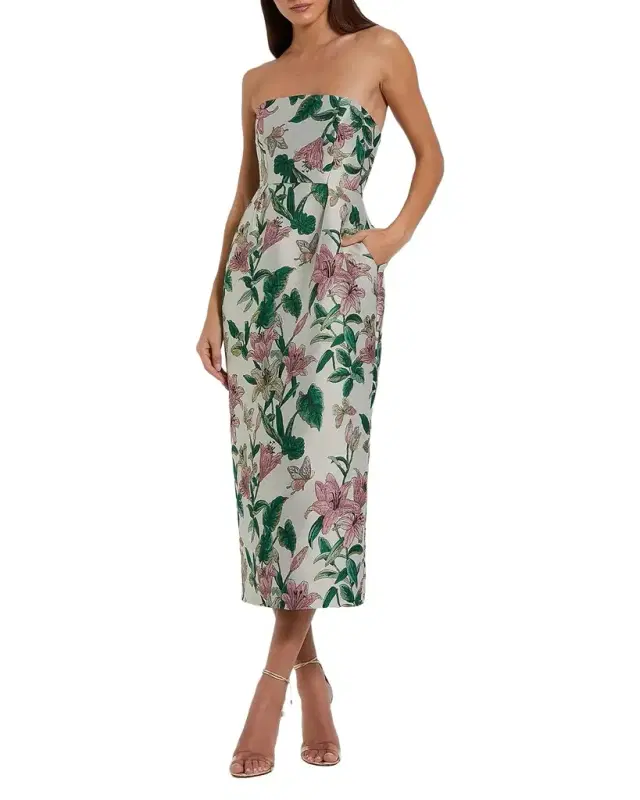 Floral Brocade Strapless Midi Dress