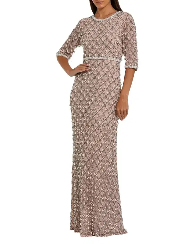 Mac Duggal Pearly-Embellished Beaded Mesh Gown