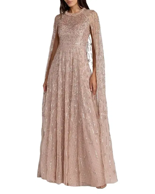 Mac Duggal Sequined Cape-Sleeve Gown
