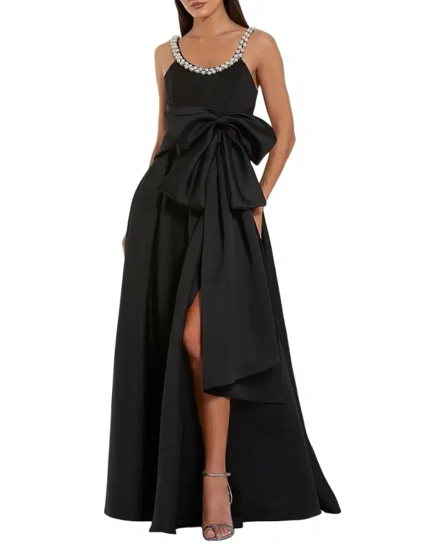 Pleated Pearly-Trim Bow Satin Gown