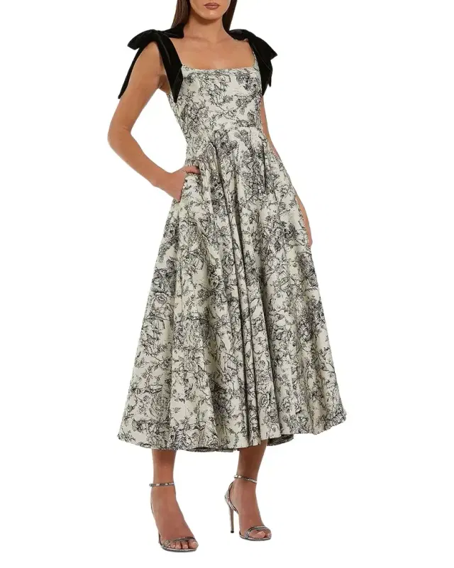 Mac Duggal Brocade A-Line Midi Dress with Bow Straps
