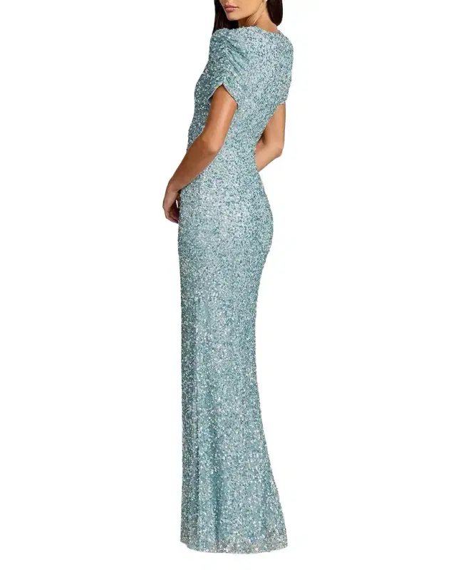 Mac Duggal Beaded Mesh Short-Sleeve Gown