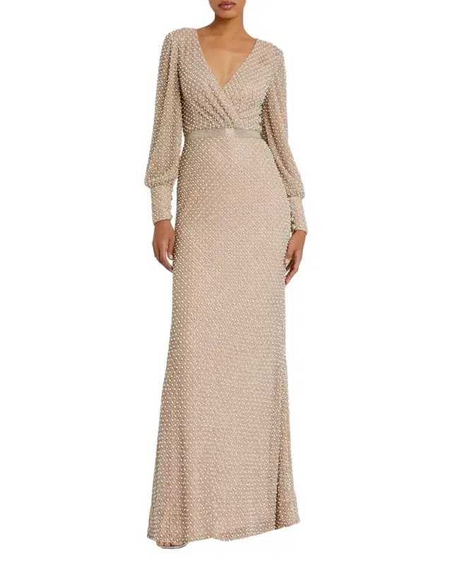 Mac Duggal Pearl-Embellished Long-Sleeve Gown