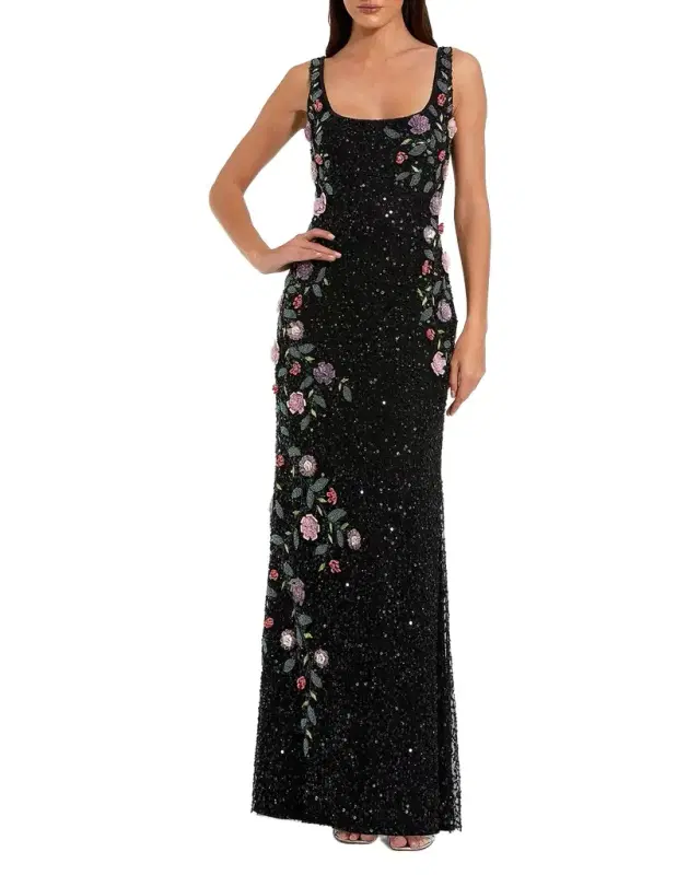 Mac Duggal Evening Embellished Floral Scoop-Neck Gown