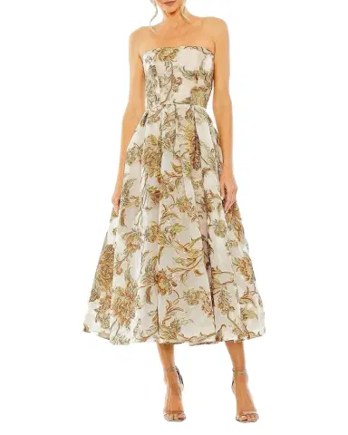 Mac Duggal Strapless Brocade Midi Dress | Thumbnail 1 Mac Duggal Strapless Brocade Midi Dress | Thumbnail 1