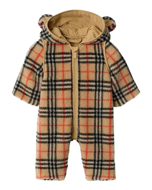Kid 's Check Fleece Bear Hooded Jumpsuit, Size 1M-18M