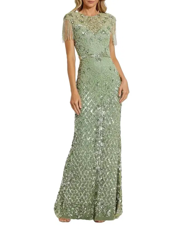 Mac Duggal Beaded Fringe Gown