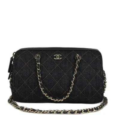 Chanel Chanel Mini Timeless Classic Barrel Bag with Chain Dark Blue Denim Light Gold Hardware | Thumbnail 1 Chanel Chanel Mini Timeless Classic Barrel Bag with Chain Dark Blue Denim Light Gold Hardware | Thumbnail 1