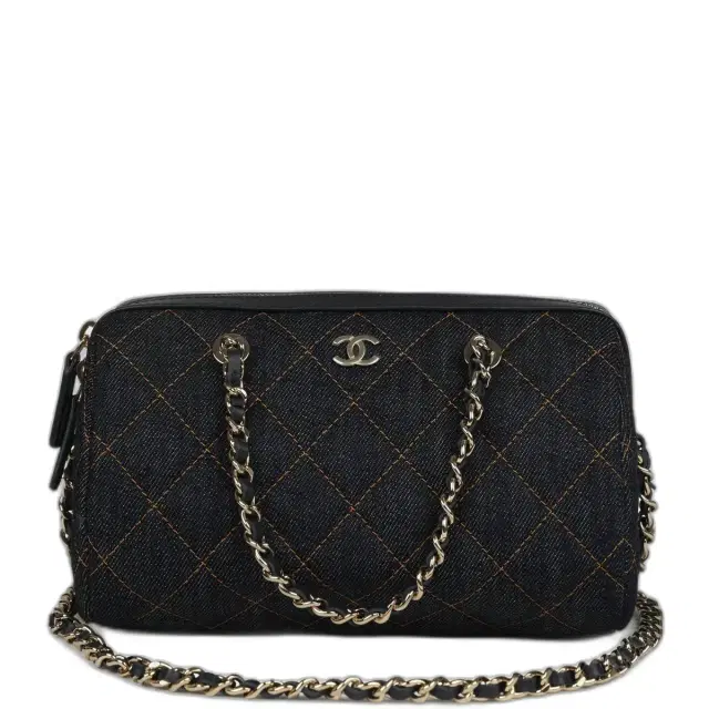 Chanel Chanel Mini Timeless Classic Barrel Bag with Chain Dark Blue Denim Light Gold Hardware