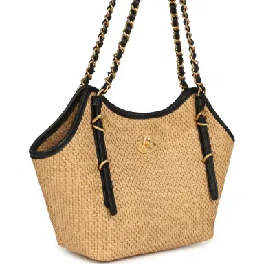Chanel Chanel Small Coco Shopping Bag Raffia and Black Calfskin Antique Gold Hardware | Thumbnail 2 Chanel Chanel Small Coco Shopping Bag Raffia and Black Calfskin Antique Gold Hardware | Thumbnail 2
