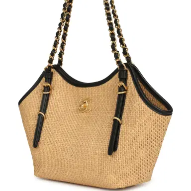 Chanel Chanel Small Coco Shopping Bag Raffia and Black Calfskin Antique Gold Hardware | Thumbnail 3 Chanel Chanel Small Coco Shopping Bag Raffia and Black Calfskin Antique Gold Hardware | Thumbnail 3