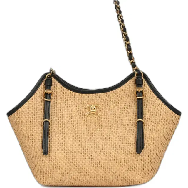Chanel Small Coco Shopping Bag Raffia and Black Calfskin Antique Gold Hardware