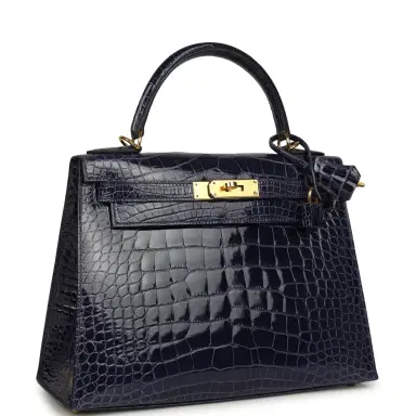HERMÈS Pre-owned Hermes Kelly Sellier 28 Bleu Encre Shiny Alligator Gold Hardware | Thumbnail 2