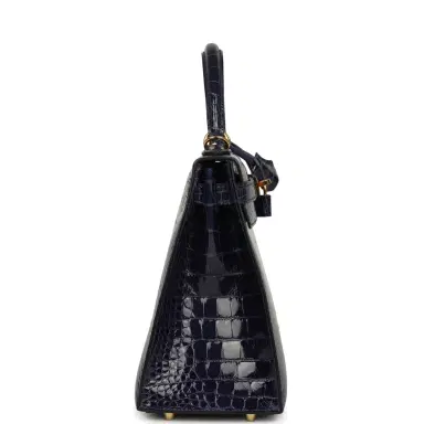 HERMÈS Pre-owned Hermes Kelly Sellier 28 Bleu Encre Shiny Alligator Gold Hardware | Thumbnail 3