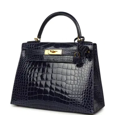 HERMÈS Pre-owned Hermes Kelly Sellier 28 Bleu Encre Shiny Alligator Gold Hardware | Thumbnail 5