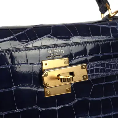 HERMÈS Pre-owned Hermes Kelly Sellier 28 Bleu Encre Shiny Alligator Gold Hardware | Thumbnail 7