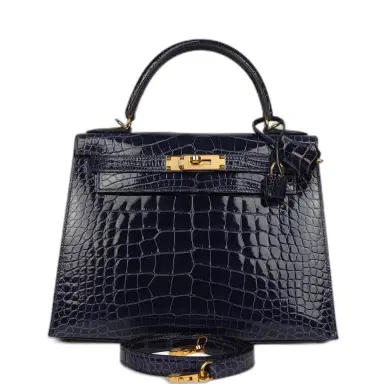HERMÈS Pre-owned Hermes Kelly Sellier 28 Bleu Encre Shiny Alligator Gold Hardware | Thumbnail 1