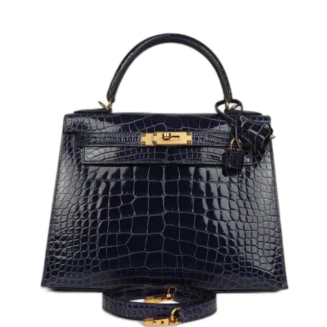 hermes Pre-owned Hermes Kelly Sellier 28 Bleu Encre Shiny Alligator Gold Hardware