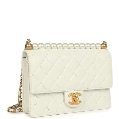 Chanel Preowned Chanel Small Chic Pearls Flap Bag White Calfskin Antique Gold Hardware | Thumbnail 2