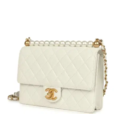 Chanel Preowned Chanel Small Chic Pearls Flap Bag White Calfskin Antique Gold Hardware | Thumbnail 5