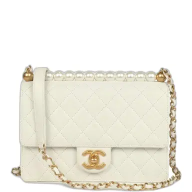Chanel Preowned Chanel Small Chic Pearls Flap Bag White Calfskin Antique Gold Hardware | Thumbnail 1