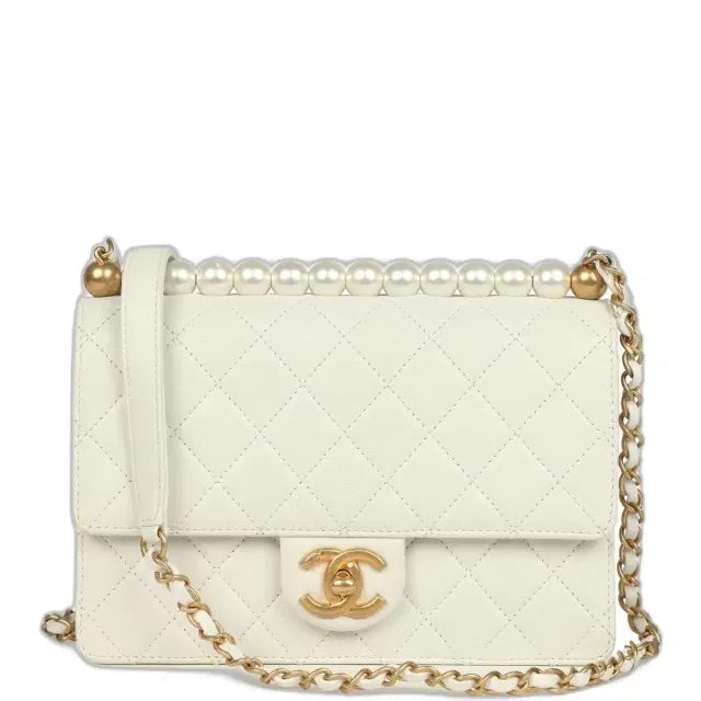 Chanel Preowned Chanel Small Chic Pearls Flap Bag White Calfskin Antique Gold Hardware