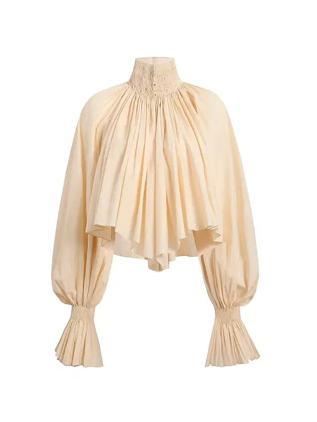 Women's Durer Pleated Split-Neck Cotton-Blend Top - Bone