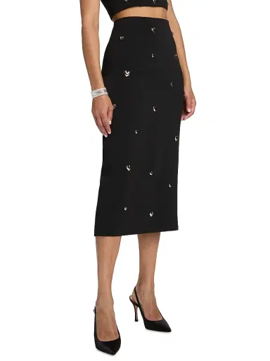 Milly Women's Syra Heart Appliqué High-Rise Midi-Skirt - Black | Thumbnail 4