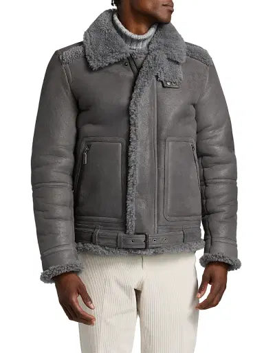Saks Fifth Avenue Men's COLLECTION Shearling Moto Bomber Jacket - Grey - Size XXL | Thumbnail 3