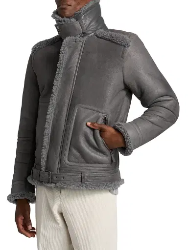 Saks Fifth Avenue Men's COLLECTION Shearling Moto Bomber Jacket - Grey - Size XXL | Thumbnail 4