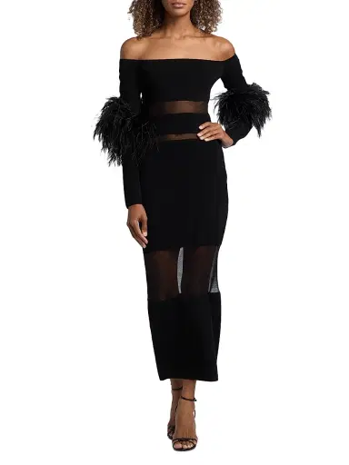 Lapointe Women's Mesh Knit Feather-Trimmed Maxi Dress - Black - Size XL | Thumbnail 2