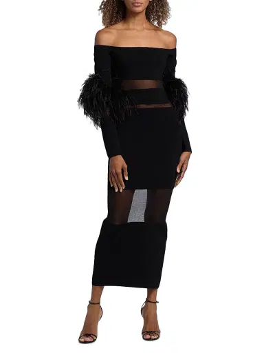 Lapointe Women's Mesh Knit Feather-Trimmed Maxi Dress - Black - Size XL | Thumbnail 3