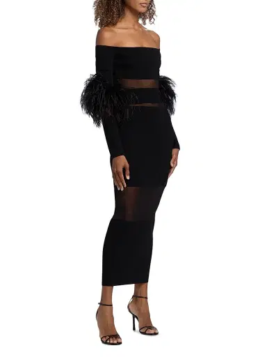 Lapointe Women's Mesh Knit Feather-Trimmed Maxi Dress - Black - Size XL | Thumbnail 4