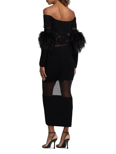Lapointe Women's Mesh Knit Feather-Trimmed Maxi Dress - Black - Size XL | Thumbnail 5