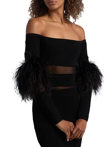 Lapointe Women's Mesh Knit Feather-Trimmed Maxi Dress - Black - Size XL | Thumbnail 6