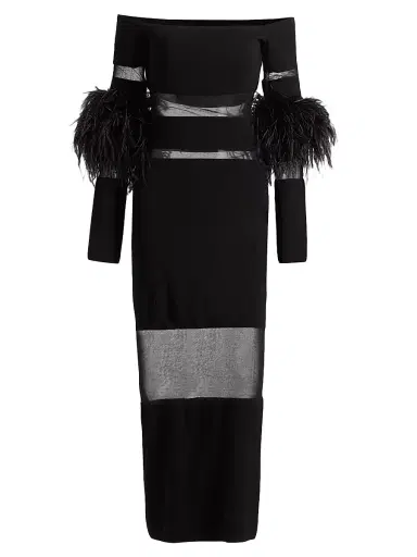 Lapointe Women's Mesh Knit Feather-Trimmed Maxi Dress - Black - Size XL | Thumbnail 1