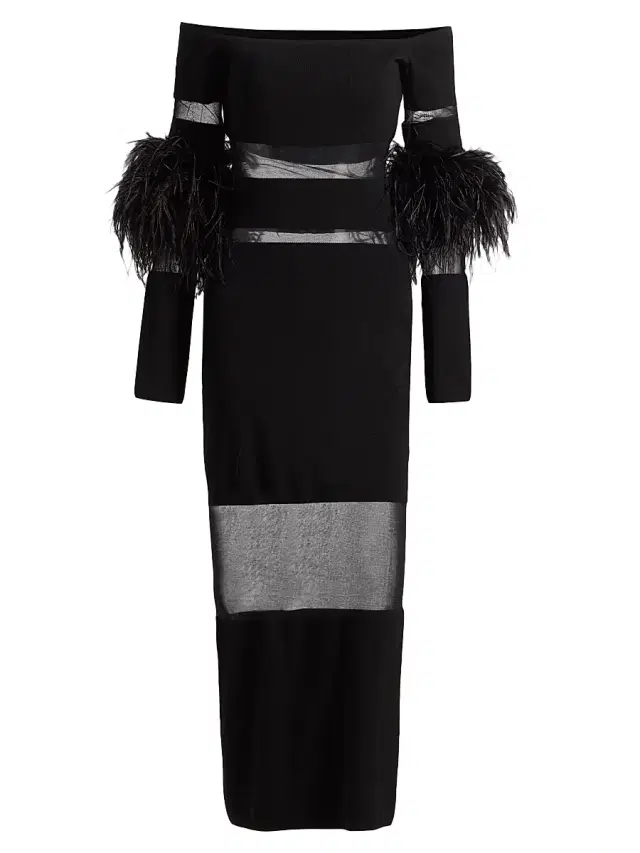 Women's Mesh Knit Feather-Trimmed Maxi Dress - Black