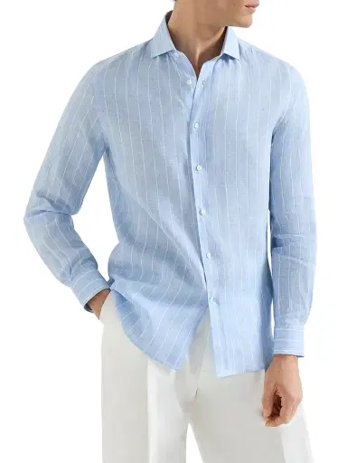 Brunello Cucinelli Men's Chalk Stripe Linen Easy Fit Shirt with Spread Collar | Thumbnail 2 Brunello Cucinelli Men's Chalk Stripe Linen Easy Fit Shirt with Spread Collar | Thumbnail 2