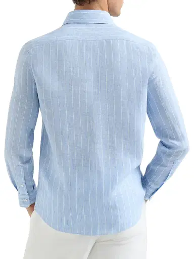 Brunello Cucinelli Men's Chalk Stripe Linen Easy Fit Shirt with Spread Collar | Thumbnail 3 Brunello Cucinelli Men's Chalk Stripe Linen Easy Fit Shirt with Spread Collar | Thumbnail 3
