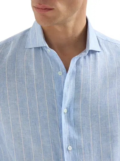 Brunello Cucinelli Men's Chalk Stripe Linen Easy Fit Shirt with Spread Collar | Thumbnail 5 Brunello Cucinelli Men's Chalk Stripe Linen Easy Fit Shirt with Spread Collar | Thumbnail 5