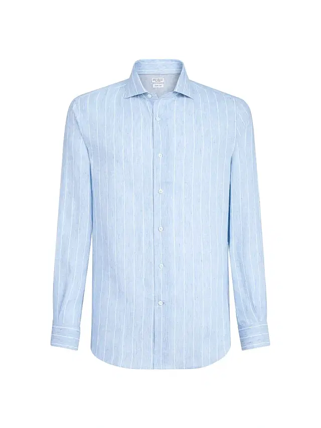 Men's Chalk Stripe Linen Easy Fit Shirt with Spread Collar - Azure