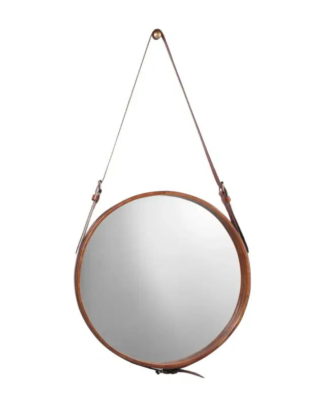 Jamie Young Large Round Mirror in Brown Leather